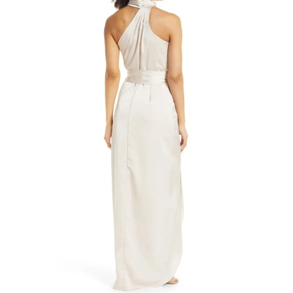Elle Zeitoune Champagne Satin Halter Neck Maxi Dress Gown Medium Formal Wedding